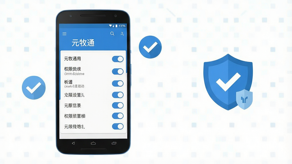 一张展示手机应用安装与权限设置流程的示意图,画面主体为一部安卓手机,屏幕显示“元牧通”安装界面与权限开关列表,手机旁配有勾选图标和盾牌安全标识,布局为左手机右图标的横向结构,风格为扁平化信息图风,色调以蓝白为主,细节简洁清晰,画质干净,无多余文字堆砌