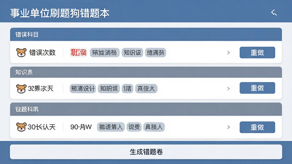 错题本界面展示,页面标题“事业单位刷题狗错题本”,中间为错题列表按科目分组,每条错题显示错误次数与知识点标签,右侧有“重做”按钮,底部显示“生成错题卷”操作栏,风格简洁,蓝灰配色,布局清晰,画质高清,画面干净