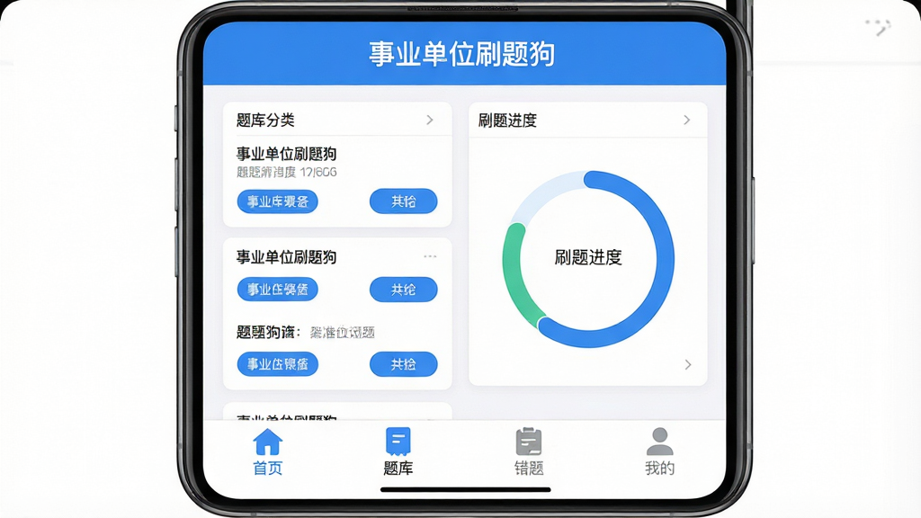 手机屏幕展示事业单位刷题狗应用界面,顶部显示软件名称“事业单位刷题狗”,中间为题库分类列表与刷题进度环形图,底部导航栏包含首页、题库、错题、我的四个图标,整体采用蓝白配色,布局清晰,风格简洁现代,细节包含题目卡片与选项按钮,画质高清,画面干净,无多余元素