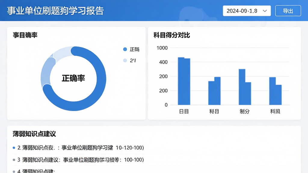数据统计仪表盘界面,顶部标题“事业单位刷题狗学习报告”,中间为环形正确率图表与柱状科目得分对比,下方列出薄弱知识点建议,风格商务简约,配色以蓝白为主,细节包含日期筛选与导出按钮,画质清晰,画面干净