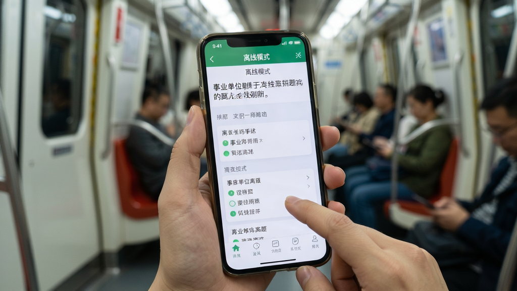 地铁车厢内手持手机使用事业单位刷题狗离线刷题的场景,手机屏幕显示题目与选项,顶部有“离线模式”标识,背景为车厢内部虚化处理,风格生活化,布局以手机屏幕为视觉中心,细节展示手指点击选项动作,画质高清,画面干净