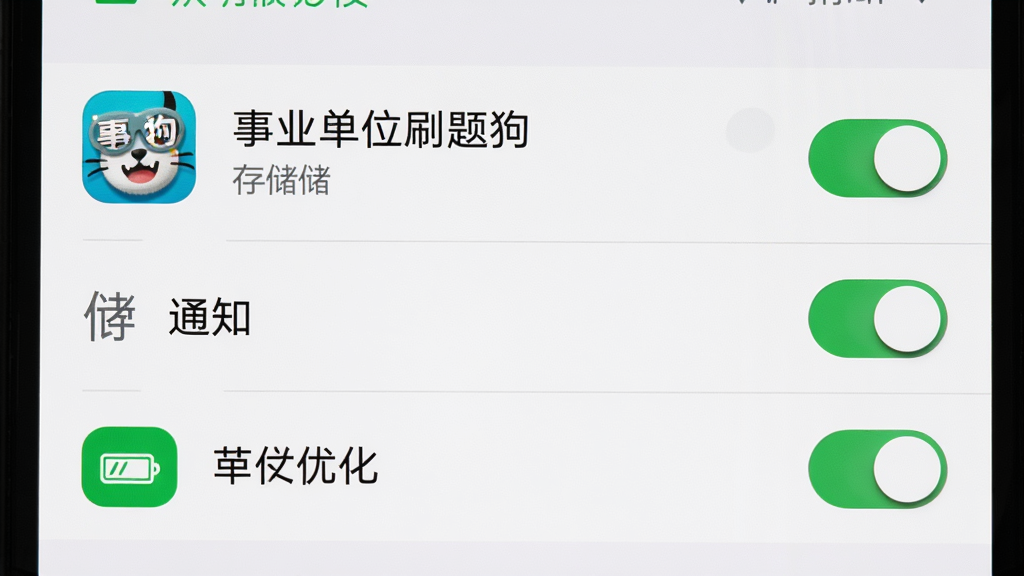 手机设置界面展示应用权限管理页面,列表中“事业单位刷题狗”应用图标旁显示存储、通知、电池优化三项权限开关,背景为系统设置浅色界面,风格写实,布局清晰,细节展示权限开关状态,画质高清,画面干净