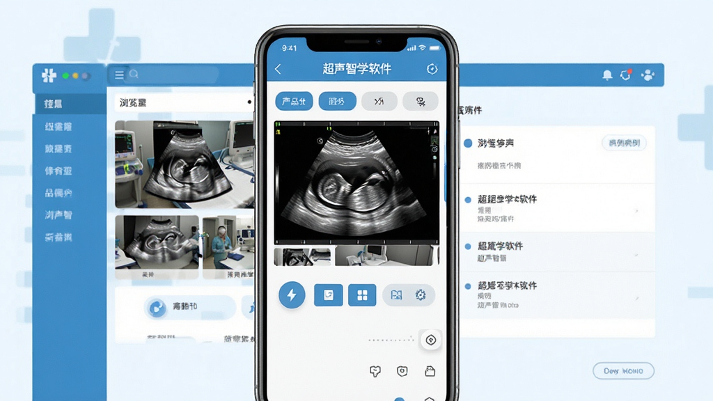 超声智学软件主界面全貌展示,画面中央是一部智能手机屏幕,屏幕上呈现超声影像浏览界面与病例列表布局,背景为简洁的医疗蓝白色调,风格为扁平化UI展示,细节包含影像缩略图、功能按钮、菜单栏,画质清晰,干净,无多余元素