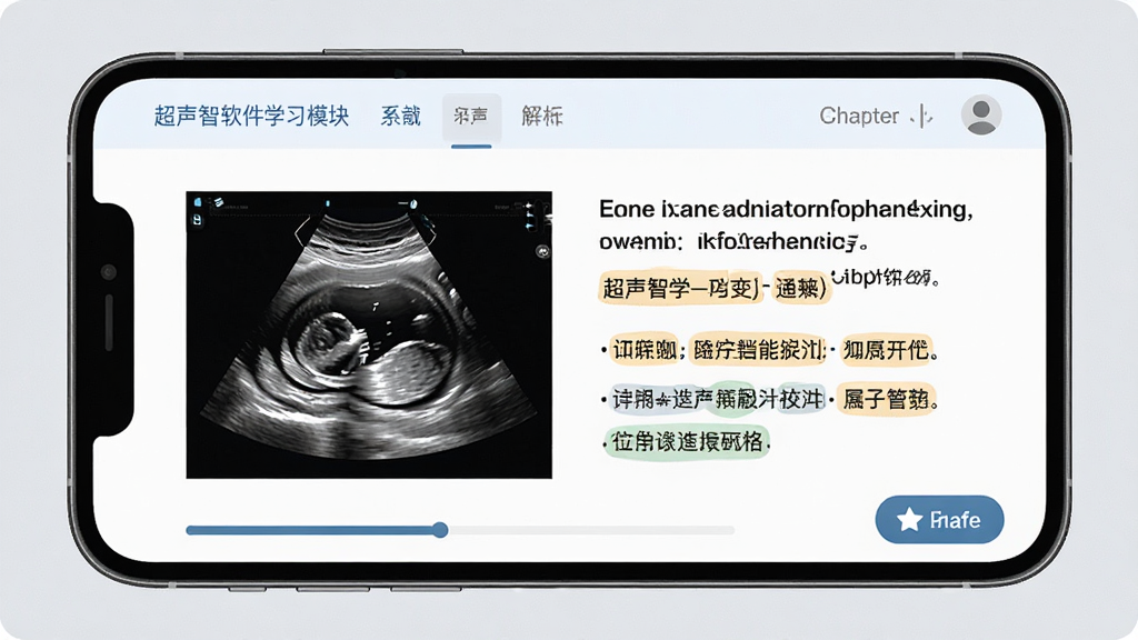 超声智学软件学习模块界面,手机屏幕显示超声知识图文页面,左侧为超声影像示例,右侧为文字解析与要点标注,整体风格为教育类应用界面,浅色背景,布局规整,细节包含章节导航、进度条、收藏按钮,画质清晰,干净,无多余元素