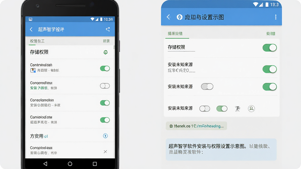 超声智学软件安装与权限设置示意图,画面展示安卓手机设置界面与应用权限管理页面,包含存储权限、安装未知来源开关等元素,风格为简洁操作指引图,浅灰背景,布局清晰,细节包含权限列表、开关按钮、提示文字框,画质清晰,干净,无多余元素