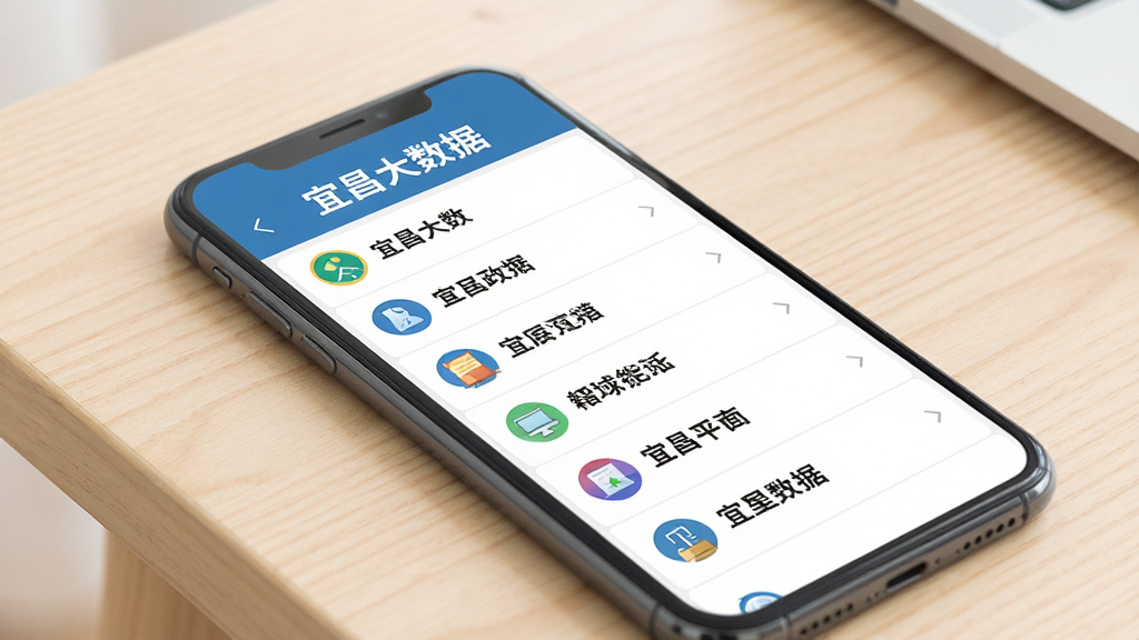 一部手机放置在浅色桌面上,屏幕显示列表式政务资讯页面,页面顶部有