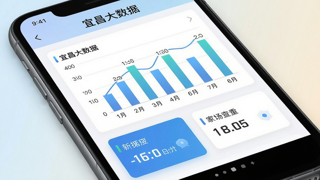 一部手机屏幕显示数据查询页面,页面内有柱状图与数字指标卡片,顶部标注
