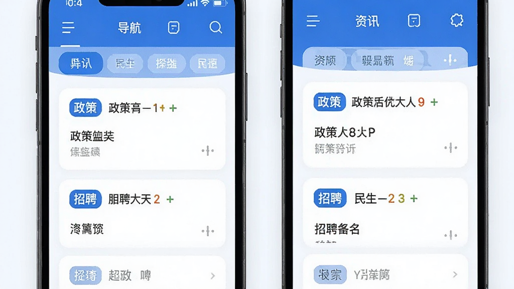 手机界面展示分类导航栏与资讯卡片,卡片上标注政策、民生、招聘等标签,主色调为蓝白配色,画面布局规整,风格简约现代,文字内容以中文呈现,画质清晰