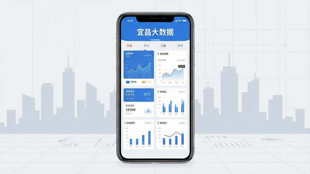 画面中央放置一部智能手机,手机屏幕内展示以蓝白色调为主的政务数据看板界面,顶部标题文字为