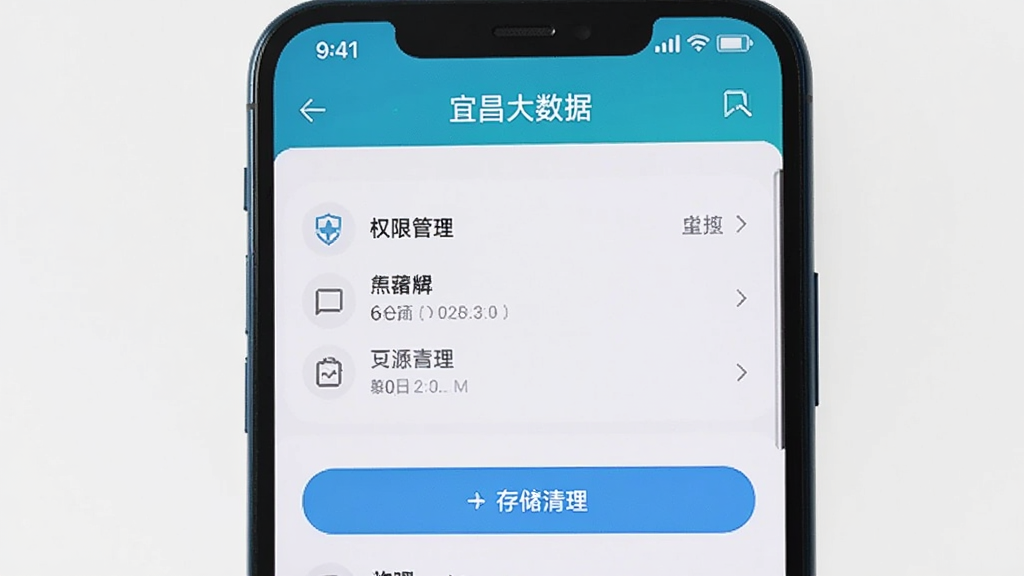 一部手机屏幕显示应用设置页面,页面上有权限管理选项与存储清理按钮,顶部标注