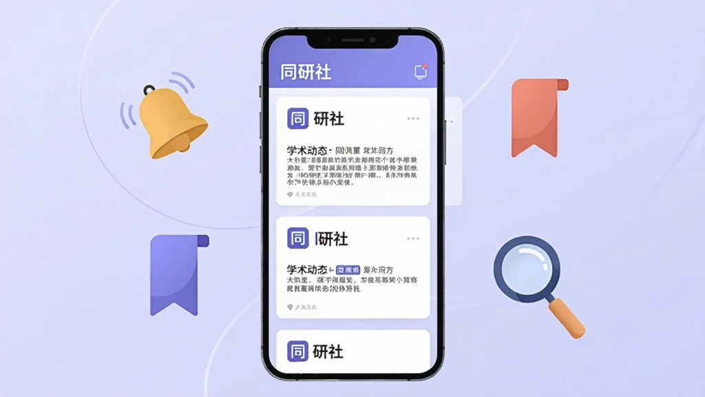 画面中央是一部竖屏手机,屏幕内显示信息流卡片列表,卡片上带有“同研社”标识与学术动态摘要线条,手机周围环绕着铃铛、书签与放大镜图标,背景为淡紫色渐变,风格为现代扁平插画,细节清晰,画质高清,无多余装饰