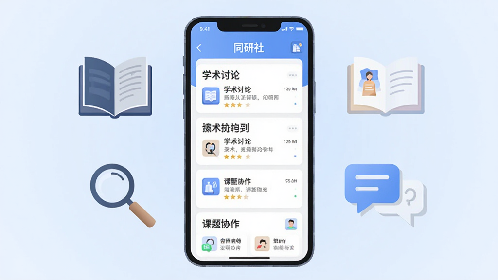画面中央放置一部智能手机,屏幕显示“同研社”应用主界面,界面中包含学术讨论列表与课题协作卡片,手机两侧悬浮着书籍、放大镜与对话气泡图标,背景为浅蓝色渐变,整体采用扁平化矢量插画风格,细节干净清晰,画质为高清2K,画面无多余装饰元素