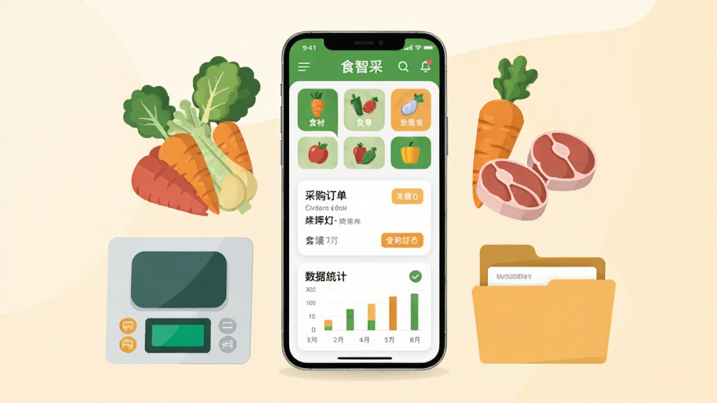 画面主体为一台竖屏智能手机,屏幕内展示食智采应用的主界面,界面包含食材分类图标、采购订单卡片与数据统计图表;手机周围以扁平化风格环绕新鲜蔬菜、肉类、电子秤与文件夹等元素;整体布局居中对称,背景为浅米色渐变;风格为现代商务扁平插画;细节上突出食材图标与订单状态标签,色彩以绿色和橙色为主;画质清晰,干净,无多余元素。