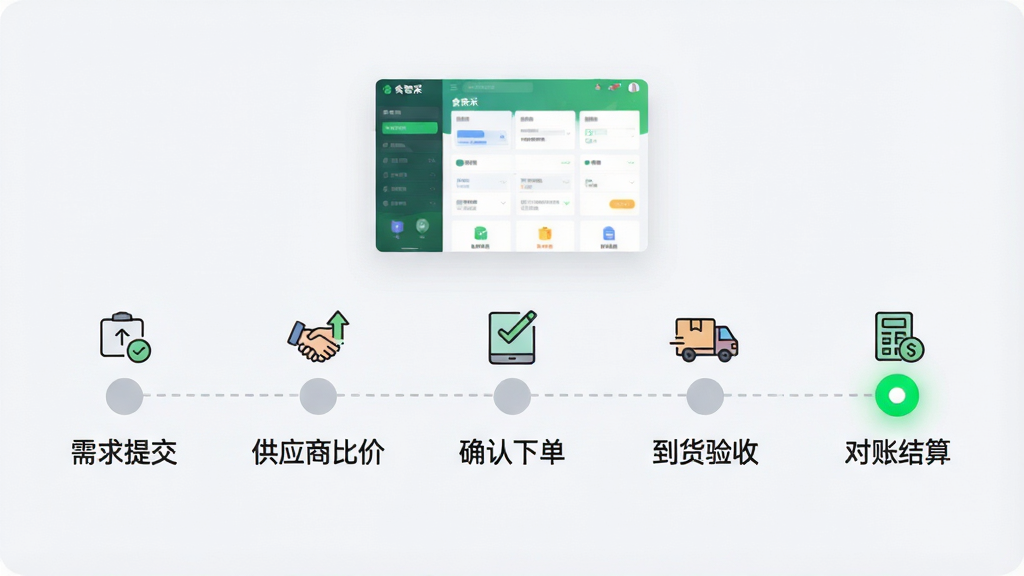 画面主体为一条从左至右延伸的流程时间轴,节点依次标注“需求提交”“供应商比价”“确认下单”“到货验收”“对账结算”,每个节点配有简洁图标;时间轴上方悬浮“食智采”应用界面缩略图;布局为横向宽幅构图,背景为浅灰白色;风格为信息图表式扁平设计;细节上节点之间用虚线连接,当前节点高亮为绿色;画质清晰,干净,无多余元素。