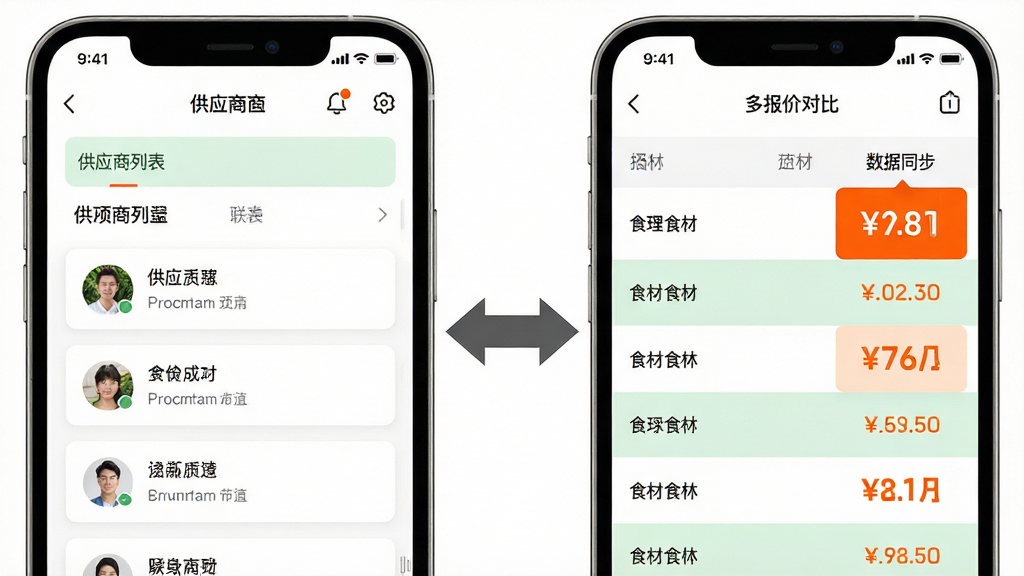 画面主体为两块并排的手机屏幕,左侧屏幕显示供应商列表与联系人卡片,右侧屏幕显示同一食材的多家报价对比表格,价格数字用醒目的橙色标注;屏幕之间用双向箭头连接表示数据同步;布局为左右对称;风格为清爽的移动端UI展示风格;细节上表格行交替使用浅绿与白色底色;画质清晰,干净,无多余元素。