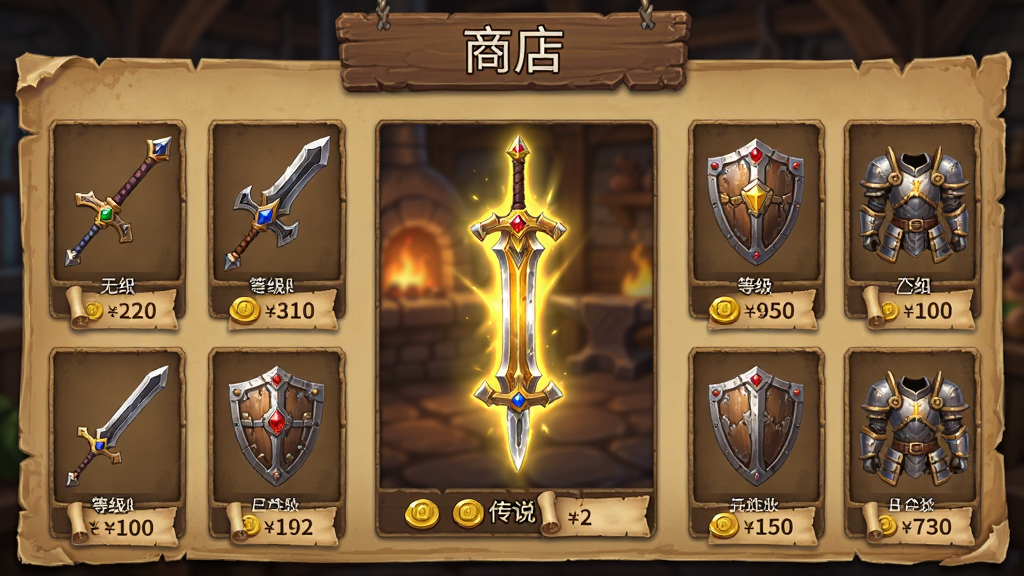 画面主体为无尽之剑游戏中的装备商店界面,画面中陈列着数把造型各异的巨剑、盾牌与铠甲,每件装备下方显示等级与金币价格;布局为三列网格状排列,中央一把散发金色光芒的传说级长剑作为视觉中心;排版上顶部有“商店”字样的木制招牌;风格为奇幻RPG游戏UI风格,暖色调羊皮纸质感背景;细节包括武器上的宝石镶嵌、金属边缘的磨损痕迹、价格标签的卷角、背景中模糊的铁匠炉火光;画质为高清游戏截图质感,画面干净,无多余元素