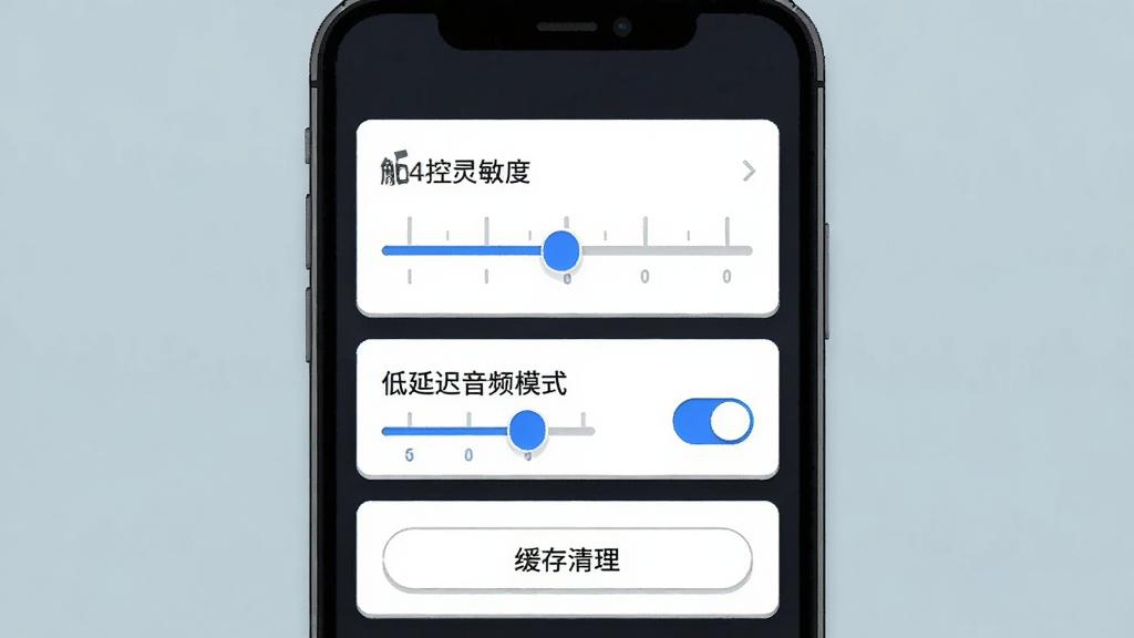 一部手机屏幕显示空灵鼓应用设置页面,页面中有触控灵敏度滑块、低延迟音频模式开关与缓存清理按钮,布局为竖屏界面特写、设置项纵向排列,风格为清爽工具类UI插画,细节包括白色卡片式设置项、蓝色开关高亮、滑块刻度清晰,画质清晰、干净、无多余元素
