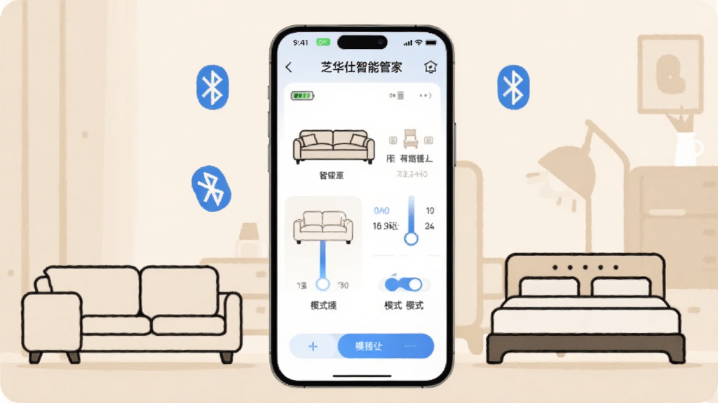 画面中心是一部智能手机,屏幕上显示“芝华仕智能管家”应用界面,界面中有沙发和床的调节滑块与模式按钮。手机周围环绕着简约风格的智能沙发、智能床线条图,背景为浅米色家居环境,布局采用居中对称构图,风格为现代扁平化科技插画,细节包括蓝牙连接图标、电量指示和模式切换按钮,画质清晰干净,无多余装饰元素。