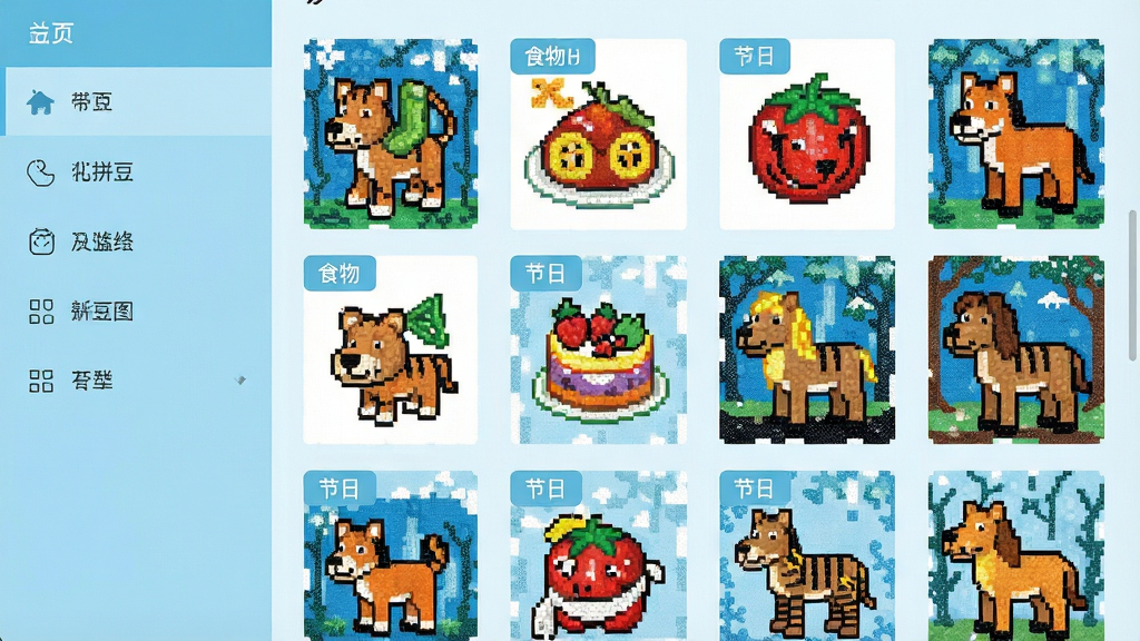 拼豆免费图纸软件分类页面展示图,左侧为分类导航栏,右侧为拼豆图纸缩略图网格,包含动物、食物、节日等分类标签,界面清爽,浅蓝色调,扁平化设计,画质干净清晰