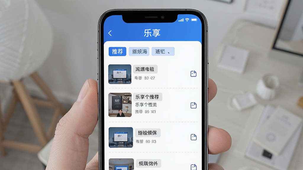 一张展示乐享个性化推荐界面的手机效果图,画面中手机屏幕显示内容列表与推荐标签,界面带有“乐享”字样的标题栏,整体配色为蓝白相间,风格为现代简约UI设计,细节包括标签高亮与列表分隔线,画质高清,画面干净,无多余元素
