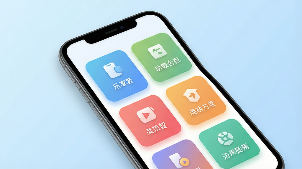 一张展示乐享功能聚合界面的概念图,画面主体为一部手机,屏幕中显示多个彩色功能卡片整齐排列,卡片上带有简洁图标与文字标签,背景为浅蓝色渐变,风格为清新扁平化设计,细节包括卡片圆角与投影,画质清晰,画面干净,无多余元素