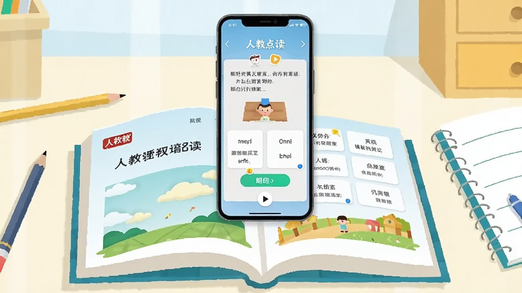 一幅横版数字插画,画面中央是一本打开的人教版纸质课本,课本上方悬浮着一部智能手机,手机屏幕显示“人教点读”应用的点读界面,有课文朗读按钮和单词卡片。背景是明亮整洁的书桌场景,摆放着铅笔和练习本。整体风格清新扁平化,色彩以浅蓝和暖黄为主,细节清晰,画质干净,无多余元素。