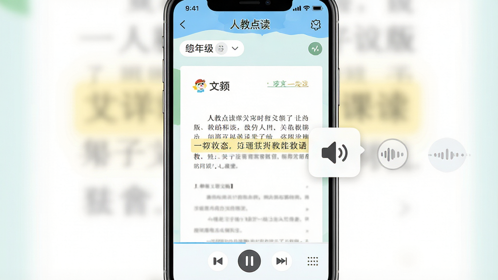 一幅竖版手机界面示意图,展示“人教点读”应用的课文点读页面,屏幕中央是电子化的人教版语文课本页面,一句课文被高亮选中,旁边浮现扬声器图标和发音波形。界面顶部有年级选择栏,底部有播放控制条。风格为清爽的移动端UI设计,浅色背景,文字清晰,画质干净,无多余元素。