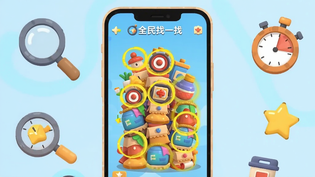 画面主体为一部竖屏安卓手机,屏幕中显示全民找一找游戏界面,画面中央是密集的物品堆叠场景,多个目标物品被高亮圈出,手机周围散落着放大镜、计时器、星星等小图标,布局为手机居中、图标环绕四周,排版简洁明快,风格为扁平化卡通插画,细节包括屏幕内物品色彩丰富、高亮圈为亮黄色、手机边框圆润,画质清晰干净,背景为浅蓝色渐变,无多余元素