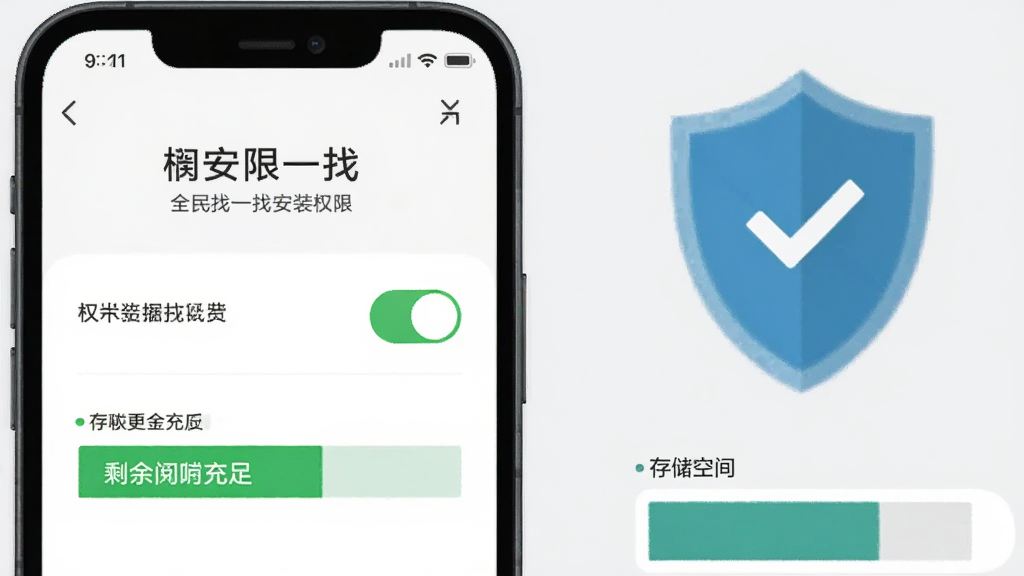 画面主体为一部手机屏幕显示全民找一找安装权限设置界面,布局为手机居中、旁边配有一个盾牌图标和存储空间示意图,排版为左右分栏,风格为简洁扁平化信息图,细节包括权限开关为绿色、存储条显示剩余空间充足、盾牌带对勾,画质清晰干净,背景为浅灰色,无多余元素