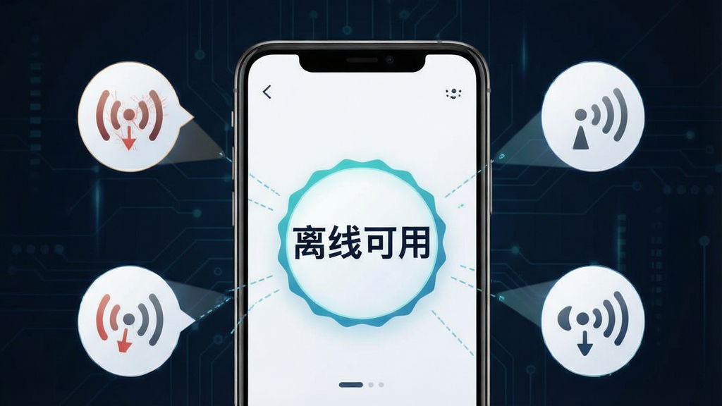 一张表现离线查询功能的示意图,画面中手机屏幕显示“离线可用”标识,周围有信号弱化的图标元素,整体风格简洁科技感,布局居中,细节清晰,画质干净