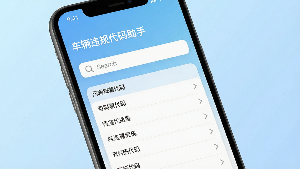 一张展示车辆违规代码助手软件主界面的手机截图,画面中央是简洁的搜索框与代码列表,背景为浅蓝色渐变,风格清爽现代,细节清晰,画质干净,无多余元素