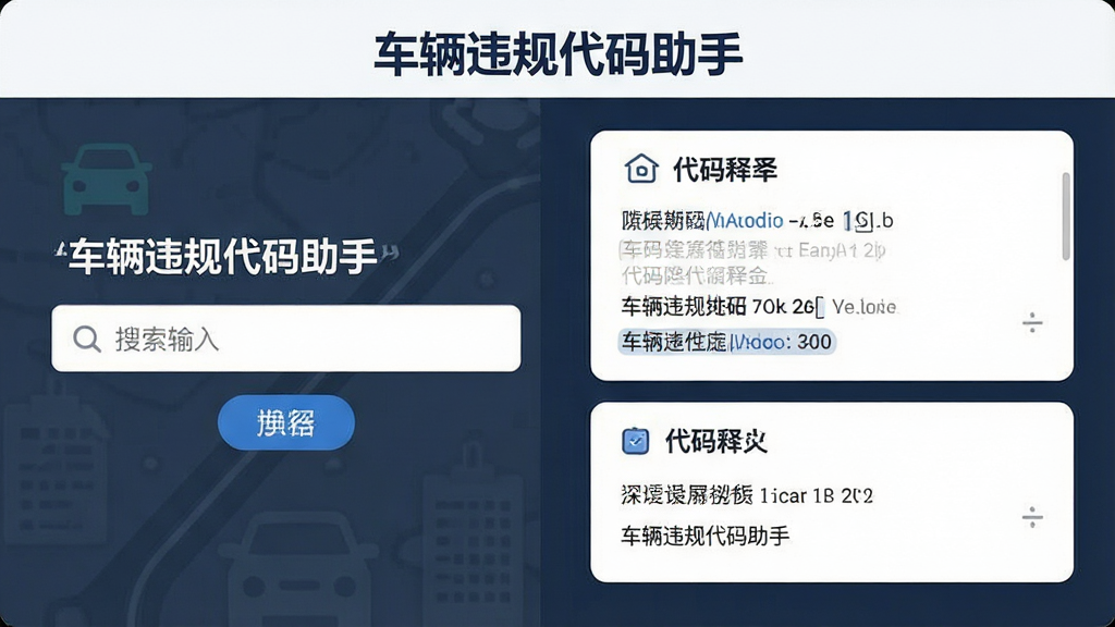 一张以“车辆违规代码助手”名称为核心的界面展示图,画面左侧为搜索输入框,右侧为代码释义卡片,布局对称,风格扁平化,细节精致,画质清晰干净