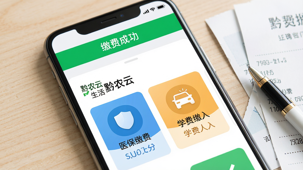 手机屏幕特写展示“黔农云”生活缴费板块,医保缴费与学费缴纳入口以卡片形式排列,画面上方有“缴费成功”绿色提示条,手机旁散落几张缴费凭证与一支笔,背景为浅色桌面,风格简洁明快,画质清晰,无杂乱元素