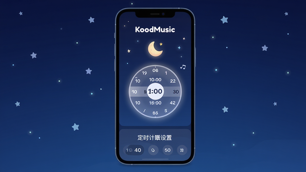 KoodMusic睡眠定时设置界面,主体为手机屏幕中展示倒计时选择器与月亮图标;布局为手机居中放置于深蓝色夜空背景;排版上方标注