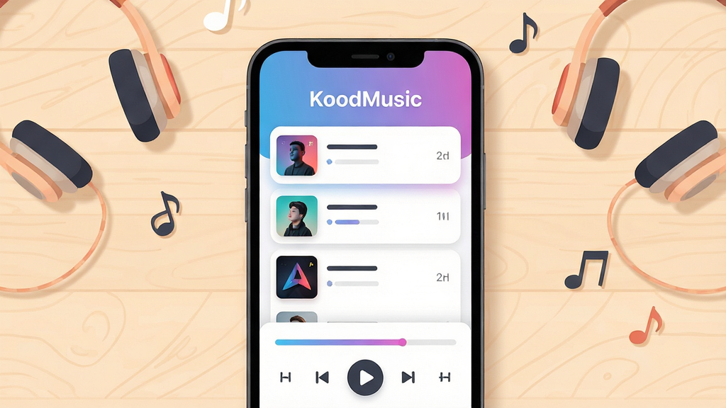 画面主体是一部智能手机屏幕中展示KoodMusic音乐播放器主界面,界面包含歌曲列表、专辑封面与底部播放控制栏;布局为手机居中放置于浅色木质桌面,周围点缀耳机与音符元素;排版采用上下分层结构,上方为软件标题文字