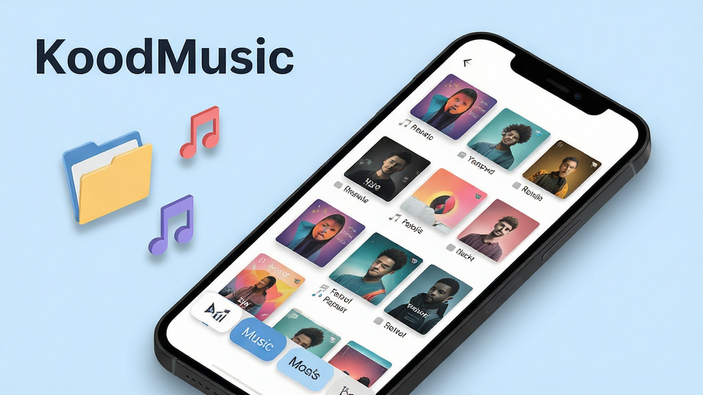 KoodMusic软件界面中展示本地音乐分类管理页面,主体为手机屏幕内歌曲列表与专辑网格视图;布局为手机斜放于淡蓝色背景中,左侧漂浮文件夹与音符图标;排版上方标注