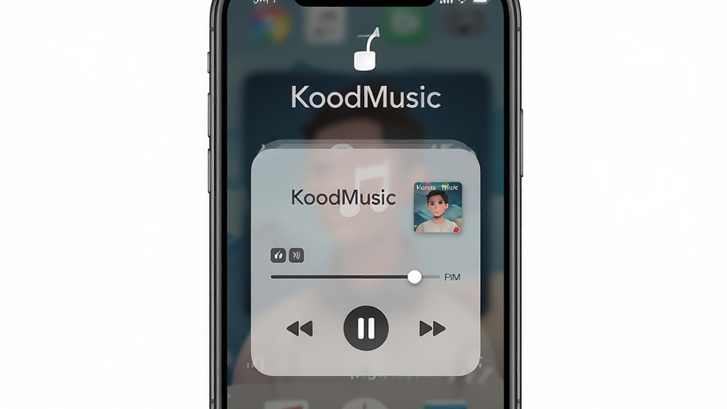 KoodMusic后台播放与锁屏控制界面展示,主体为手机锁屏界面上的音乐控制卡片;布局为手机竖屏居中,背景为模糊专辑封面;排版上方为