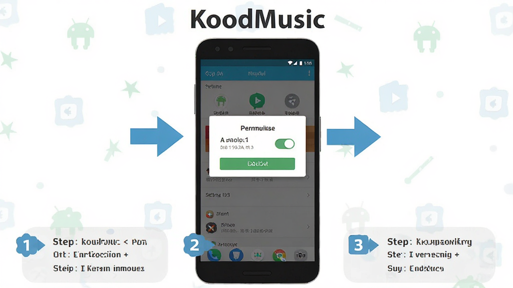 KoodMusic安卓手机安装与权限设置操作示意图,主体为手机屏幕展示权限授予弹窗与设置路径;布局为手机居中,旁边配有箭头指引元素;排版上方标注