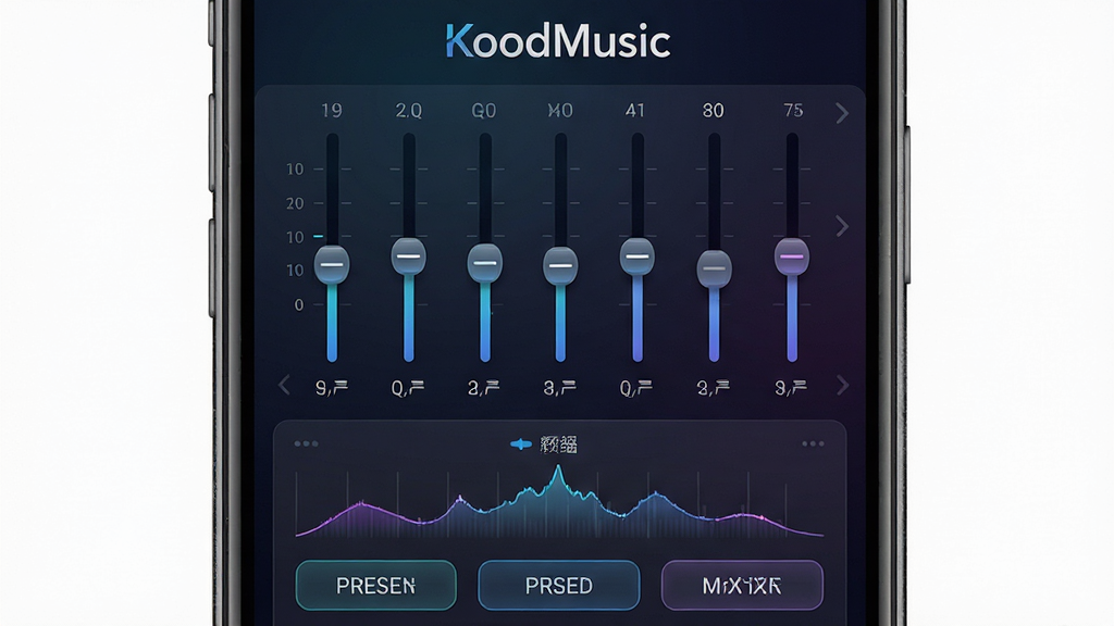 KoodMusic播放器均衡器调节界面特写,主体为手机屏幕中展示多段频段滑块与预设音效列表;布局为手机正面居中,背景为深色渐变;排版上方显示