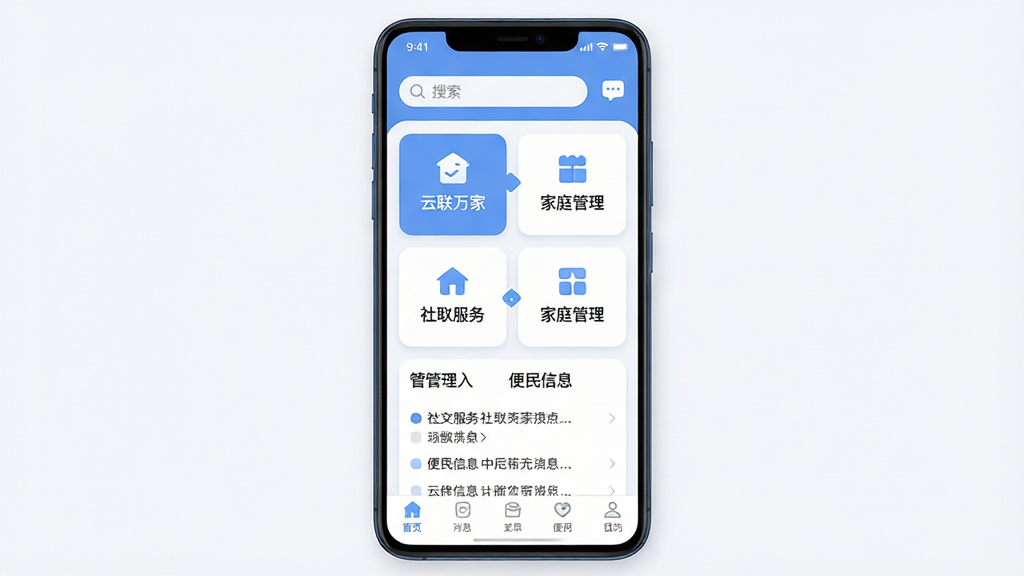 画面主体为一部竖屏安卓手机,手机屏幕中央展示“云联万家”软件首页界面,界面包含社区服务卡片、家庭管理入口与便民信息列表,布局采用上下分层结构,上方为搜索栏与消息图标,中部为功能宫格,下方为底部导航栏。排版简洁清晰,风格为现代扁平化UI设计,细节包含柔和的蓝白配色、圆角卡片、细腻的图标线条与轻微阴影层次。画质高清,画面干净,无多余元素。