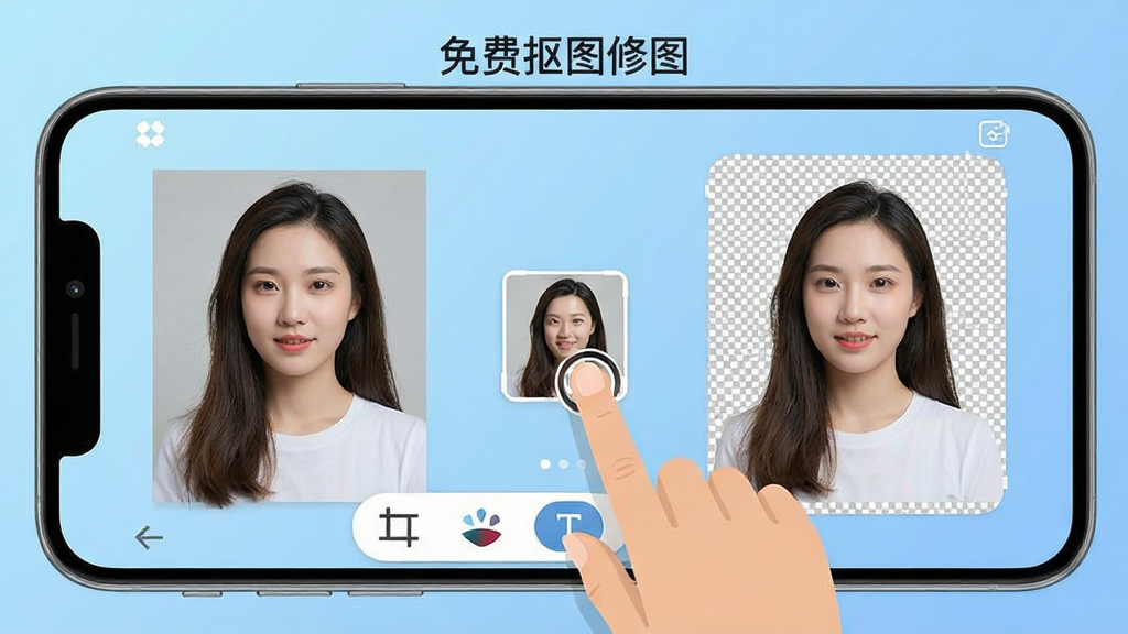 手机屏幕中央展示“免费抠图修图”软件界面,界面左侧是人物照片原图,右侧是抠图后透明背景的人物预览,中间有手指点击抠图按钮的动作示意,背景为浅蓝色渐变,风格简洁扁平化,细节包含工具栏图标如裁剪、滤镜、文字按钮,画质清晰干净,无多余装饰元素