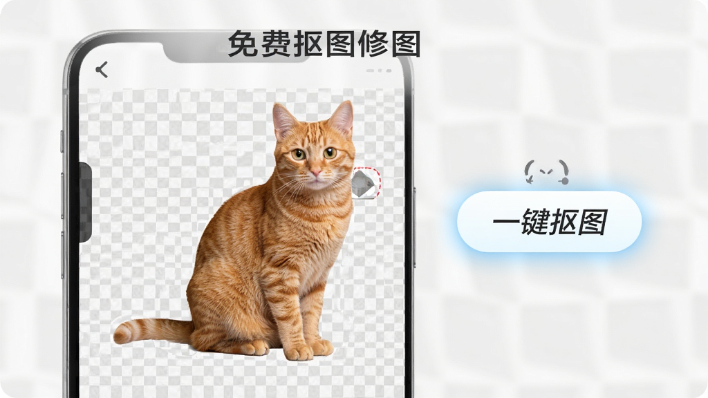 手机界面展示“免费抠图修图”的一键抠图功能,画面中一只橘猫被精准抠出放在透明棋盘格背景上,旁边有“一键抠图”文字按钮高亮显示,界面风格清新简约,细节包含边缘羽化效果示意,画质干净清晰