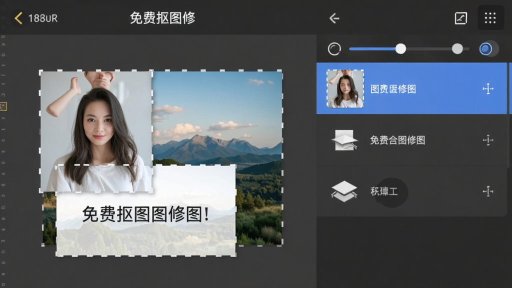 手机界面展示“免费抠图修图”的多图层合成编辑功能,画布上有一个人物图层、一个风景背景图层和一个文字图层,右侧图层面板显示三个可拖拽调整的条目,风格现代扁平,细节包含透明度滑块和图层顺序图标,画质清晰干净