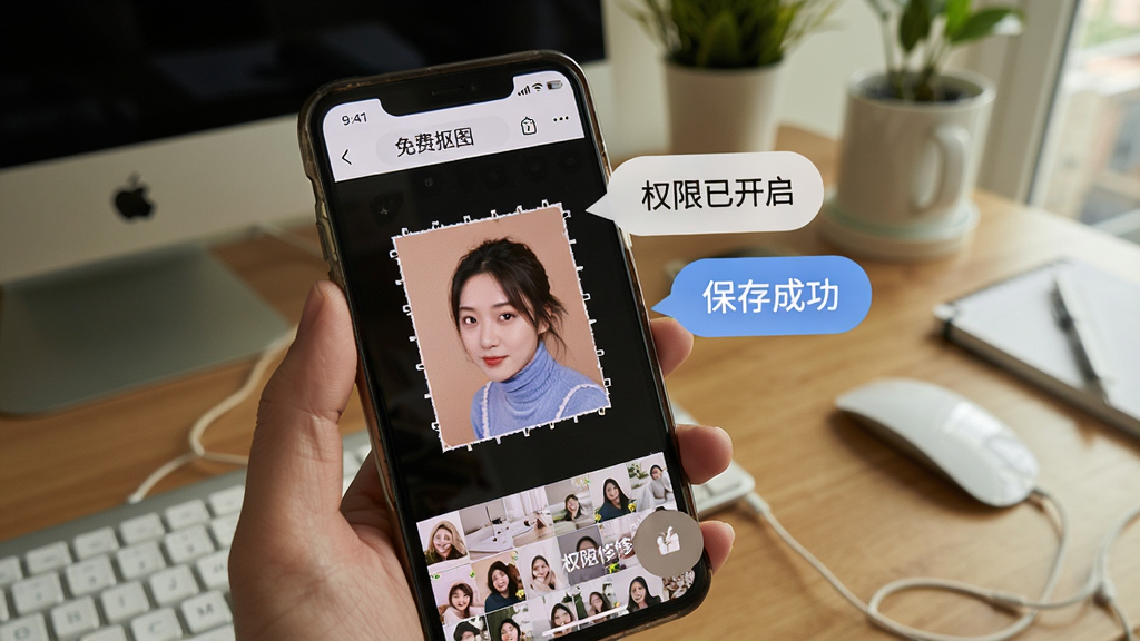 手机屏幕展示“免费抠图修图”的使用场景,一只手拿着手机正在操作抠图界面,屏幕旁边有浮动的提示气泡写着“权限已开启”“保存成功”,背景为居家桌面环境,风格生活化真实,细节包含手机状态栏和相册缩略图,画质清晰自然