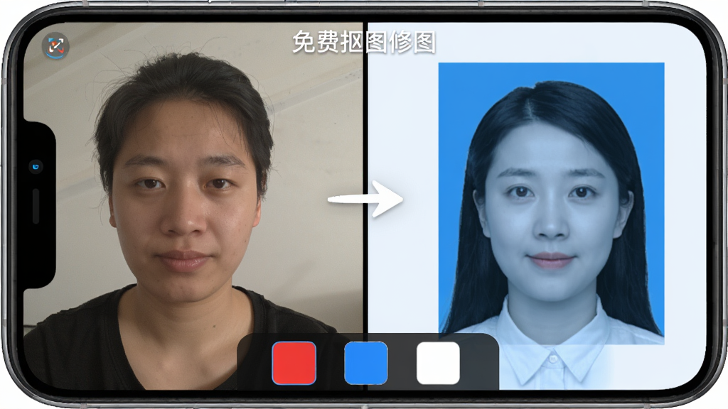 手机屏幕分屏展示“免费抠图修图”证件照换底色功能,左侧为原始生活照,右侧为换好蓝色底色的标准证件照,中间有箭头指向,界面底部有红蓝白三个色块选项,风格正式简洁,画质清晰无杂物