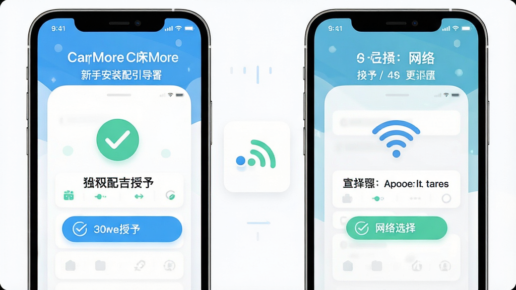 CarMore新手安装配置引导图,手机屏幕显示权限授予与网络选择步骤,布局分步引导式排列,风格清新明快,细节包含勾选图标与WiFi信号标识,画质干净整洁无多余元素