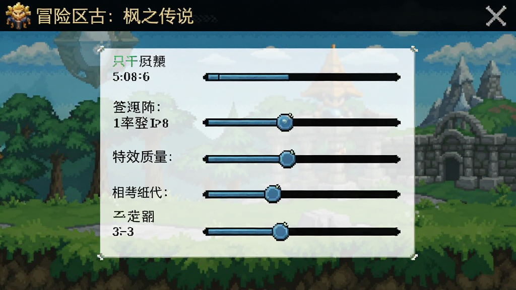 冒险岛:枫之传说手机设置界面截图,展示游戏内画面设置选项,包括帧率、分辨率、特效质量等调节滑块,界面简洁清晰,像素风格UI,画质干净