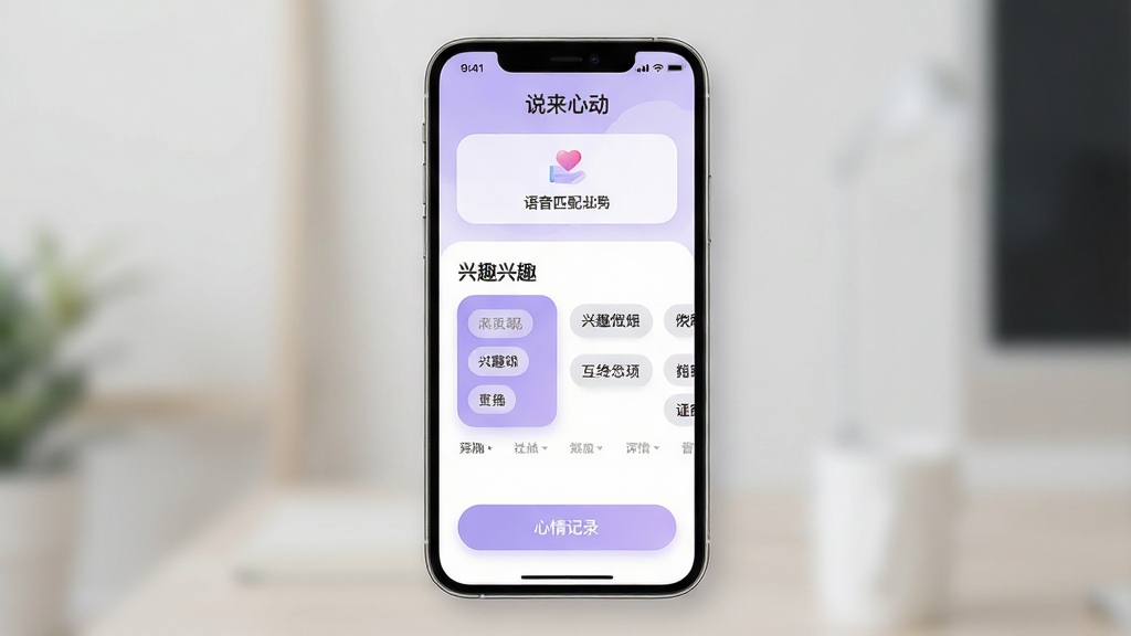 一张手机应用界面展示图,主体为一部竖屏智能手机,屏幕中央显示“说来心动”应用主页面,页面布局包含顶部语音匹配入口、中部兴趣标签卡片和底部心情记录按钮,整体采用柔和浅紫色与白色渐变配色,风格清新简约,细节上体现圆角图标、细腻阴影和留白排版,画质清晰干净,无多余元素