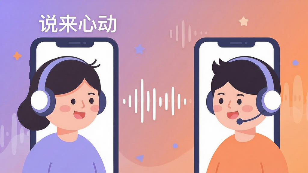 一张表现语音社交场景的插画,主体为两个卡通人物戴着耳机隔着手机屏幕对话,手机屏幕上方浮现“说来心动”字样,布局为左右对称构图,中间以声波线条连接,风格扁平化插画,细节包含柔和的紫色与橙色渐变背景、圆润的人物造型和简洁的声波纹理,画质干净清晰,无多余元素