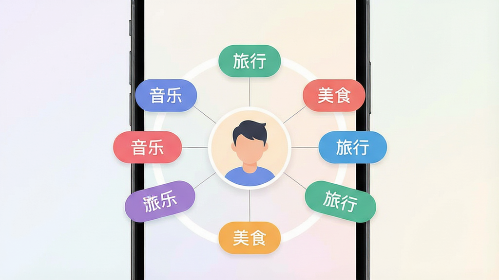 一张展示兴趣标签匹配功能的界面示意图,主体为手机屏幕内多个彩色兴趣标签围绕中心头像排列,标签上写有“音乐”“旅行”“美食”等字样,布局为环形放射状,风格现代扁平设计,细节包含柔和渐变底色、圆角标签块和细线连接,画质清晰干净,无多余元素